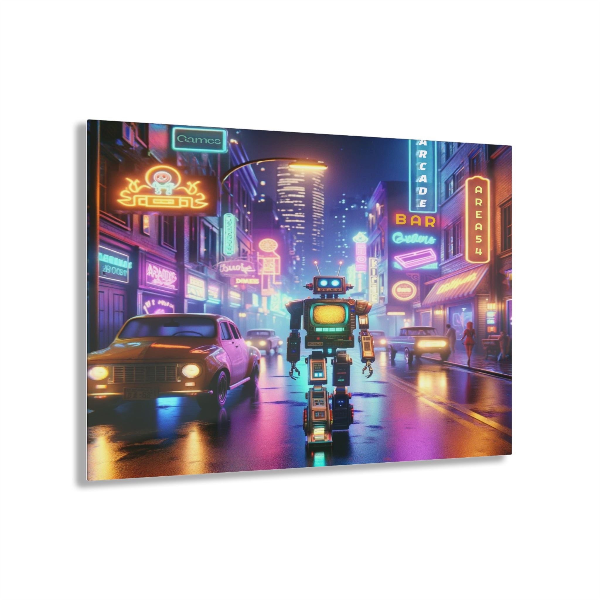 Acrylic Wall Art, "Nightscape City Bot Stroll" Neon Display 14”x11”